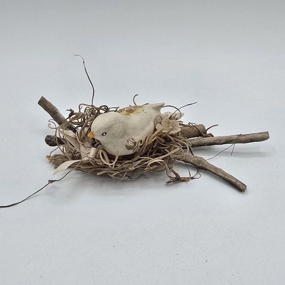 Vintage Ceramic Bird Figurine in Wooden Twig Nest Miniature Shelf Decor